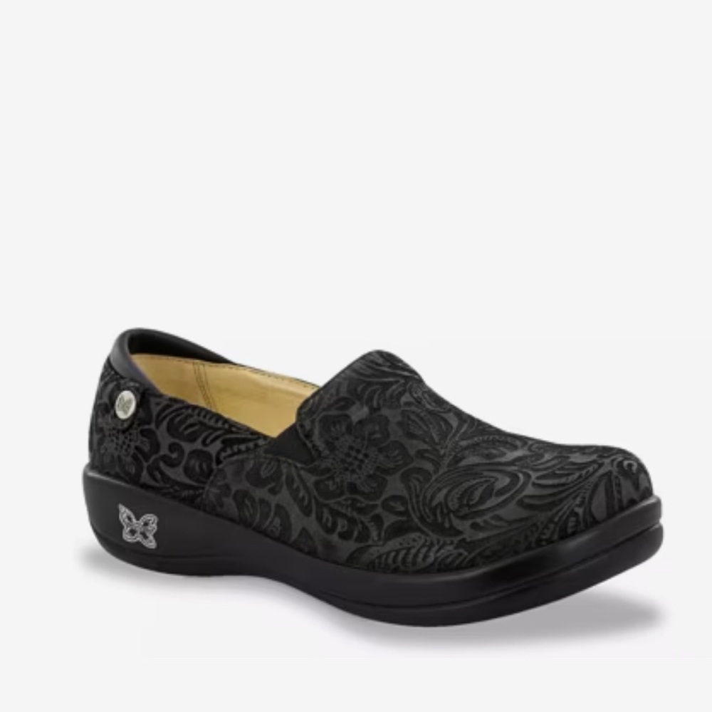 Alegria Black Floral Embossed Clogs